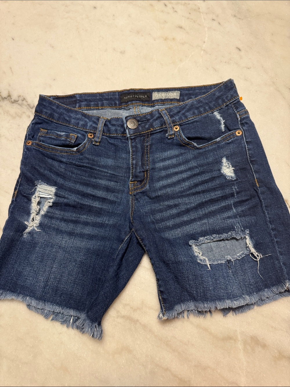 Aeropostale Dark Blue Bermuda Distressed Denim Jean‎ Shorts Raw Hem Size 2